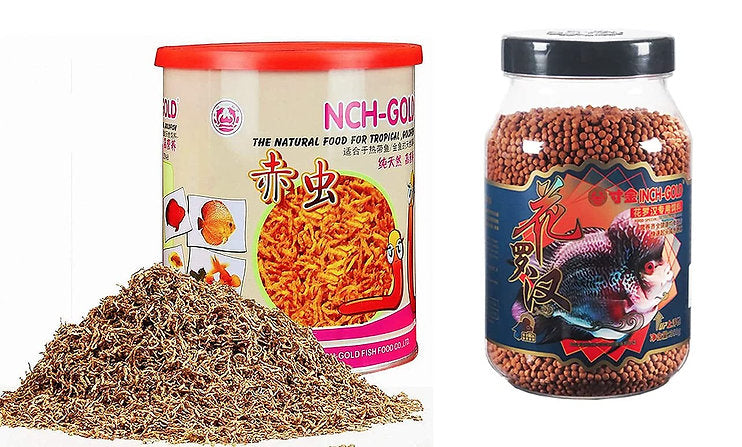 Inch Gold Blood Worms, 55 gms + Flowerhorn Food 400 gms COMBO